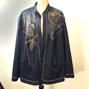 Alfred Dunner Womens Navy Embroidered Open Front Jacket Size 24W Polyester/Cotto
